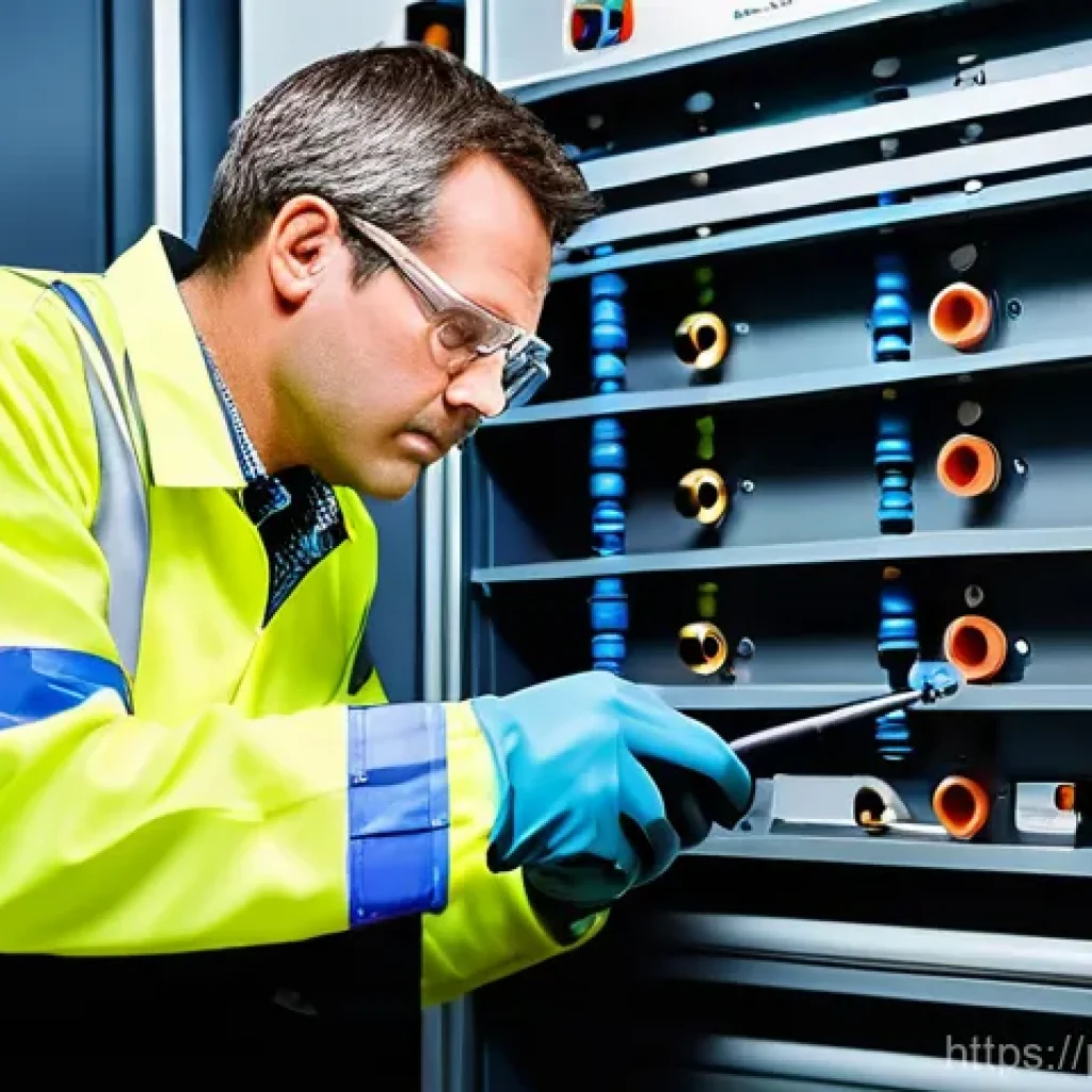 가스 자격증 취득 후 현업에서 쓰이는 도구 - "A focused gas technician, wearing a clean, professional uniform with reflective strips, sturdy work...