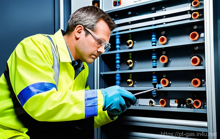 가스 자격증 취득 후 현업에서 쓰이는 도구 - "A focused gas technician, wearing a clean, professional uniform with reflective strips, sturdy work...