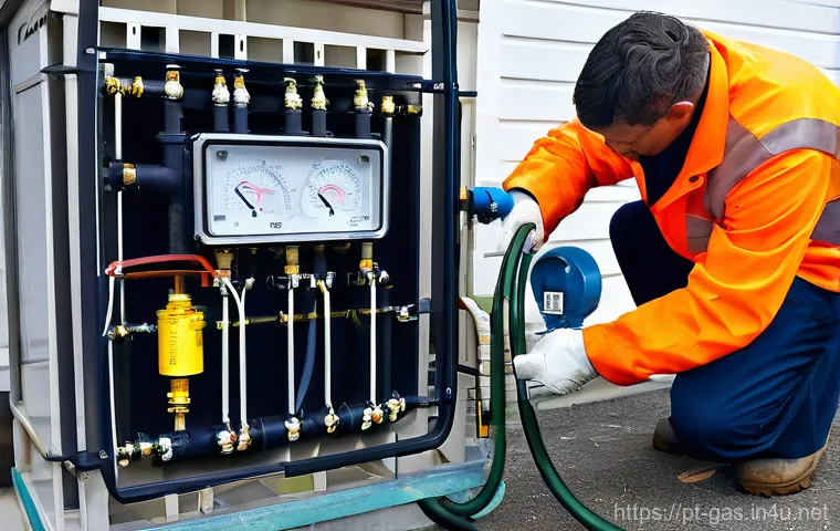 가스 자격증 취득 후 현업에서 쓰이는 도구 - "A focused gas technician, wearing a clean, professional uniform with reflective strips, sturdy work...