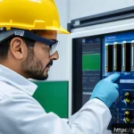 Home 14 가스 자격증 기출 문제 분석 - A professional gas technician in a modern training facility, wearing safety gear including gloves an...