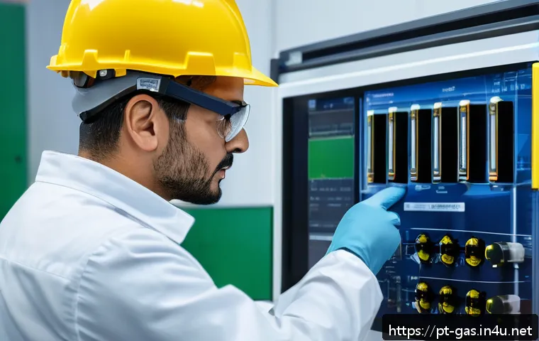 가스 자격증 기출 문제 분석 - A professional gas technician in a modern training facility, wearing safety gear including gloves an...